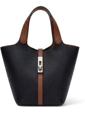 Women's Black Brown Vegan Leather Satchel Tote Handle Lock Design Bucket Purse